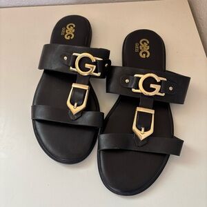 G by Guess Black Slides with Gold Buckles